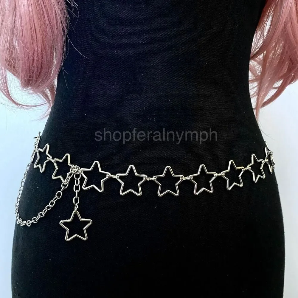 Silver Y2K Open Star Link Cutout Waist Chain Belt, Fits 21-38 Inches, X7GA1415